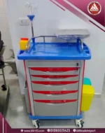 Front view of Saikang ABS crash cart in gray, red, and blue with drawers, IV pole, metal rail, and 4 silent wheels