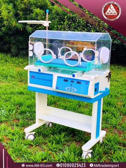 Real image of AMS 2M-24 neonatal incubator in white and blue with wheels and digital display for precise temperature control