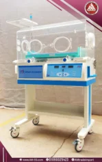 AMS 2M-24 neonatal incubator front view in white and blue with wheels and digital display for infant temperature