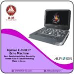 Alpinion E-CUBE i7 Echo Machine, Korean-made, portable Color Doppler with sleek grey design, 5.6″ FHD display, and sliding keyboard cover.