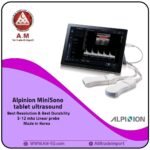 Alpinion Minisono portable ultrasound, Korean-made with Color Doppler, black design, high-resolution color tablet display, and 3–12 MHz linear probe.