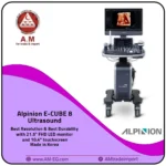 The Alpinion ultrasound machine, made in Korea, is available in black and gray, with a 21-inch main screen and a 10-inch secondary touchscreen. It includes two probes and is mounted on a four-wheeled base.