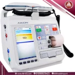 Front-angle view of Axion Resurrection cardiac defibrillator with black cable, 7-inch TFT screen, durable white body