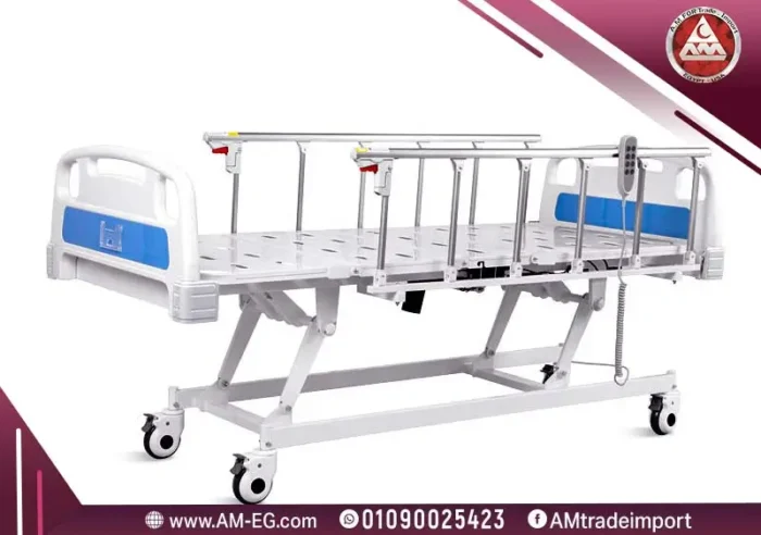 Saikang ICU electric hospital bed, 5 functions flat, white frame, blue mattress, remote, IV pole, 4 raised silent wheels