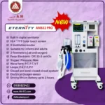 Technical-specs for Eternity AM832 Pro anesthesia machine, durable white-blue design, 10-inch touchscreen, dual flowmeters