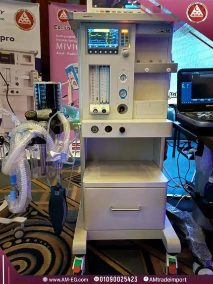 A natural, front-angle view of a white digital anesthesia machine, mounted on a four-wheel base, with a 7-inch touchscreen.