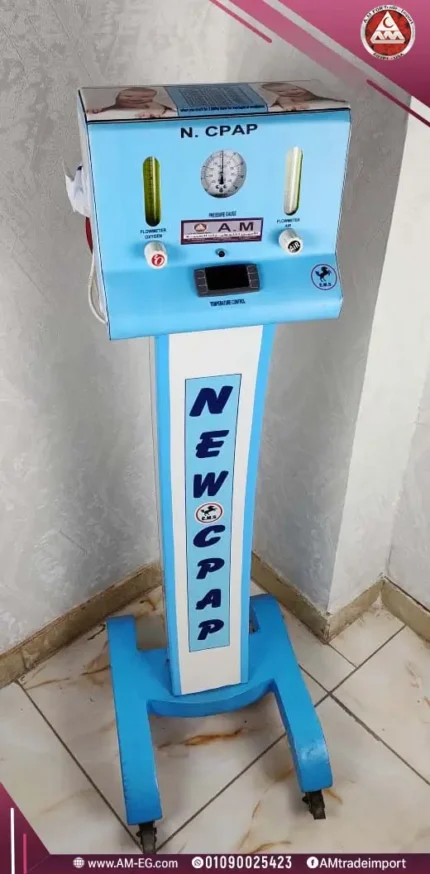 Real image with front view of N.CPAP , blue and white design, with 4 wheels, pressure gauges, and flow meters