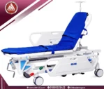 White Saikang fiber trolley with low side rail, raised backrest, blue mattress, oxygen holder, IV pole, and 5 wheels