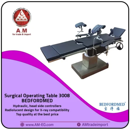 3008 surgical operating table with supplies and base, heavy-duty stainless steel, gray color, hydraulic vertical movement, equipped with complete accessories to support various types of surgeries.