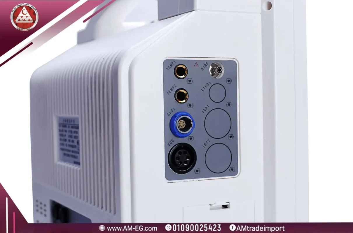 Close side view of Yonker YK-8000B patient monitor port panel, 12.1-inch TFT screen, portable white design