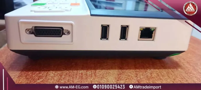 Real image with a side view for the port panel of the Zoncare iMAC 300 ECG, 3-channel portable device, lightweight white design