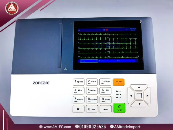 Real photo of Zoncare iMAC 300 ECG top view, 3-channel portable device, 5-inch screen, lightweight white design