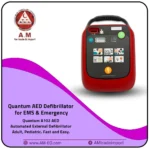 The Quantum A102 automated external defibrillator for adults and children, with a portable red and black design and hand grip, is ideal for emergencies and ambulances.