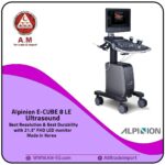 Alpinion E-CUBE 8 LE ultrasound, Korean-made in black and gray, featuring Color Doppler, a 21.5-inch FHD LED display, four active probe ports, and four wheels for easy mobility.