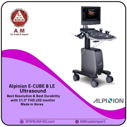 Alpinion E-CUBE 8 LE ultrasound, Korean-made in black and gray, featuring Color Doppler, a 21.5-inch FHD LED display, four active probe ports, and four wheels for easy mobility.