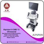 Alpinion E-CUBE 12 Color Doppler ultrasound, Korean-made, white design, with 21.5″ FHD LED display, 10.4″ HD touchscreen, flexible monitor arm, and four-wheel mobility.