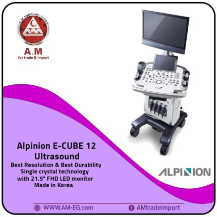 Alpinion E-CUBE 12 Color Doppler ultrasound, Korean-made, white design, with 21.5″ FHD LED display, 10.4″ HD touchscreen, flexible monitor arm, and four-wheel mobility.