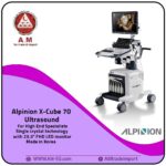 Alpinion X-CUBE 70 ultrasound, Korean-made in white, featuring Color Doppler, a 23.5″ FHD LED display,with an additional touch screen, and four wheels for easy mobility.