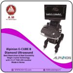 Alpinion E-CUBE 8 Diamond ultrasound, Korean-made with color Doppler, featuring a 10.4-inch touch panel, 21.5-inch main display, and a black trolley with four wheels.