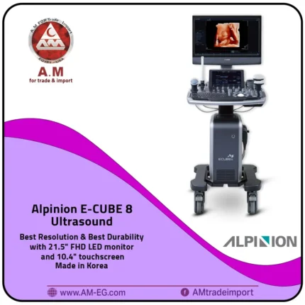 The Alpinion ultrasound machine, made in Korea, is available in black and gray, with a 21-inch main screen and a 10-inch secondary touchscreen. It includes two probes and is mounted on a four-wheeled base.