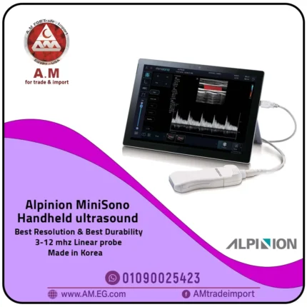 The Alpinion Minisono is a portable Korean ultrasound sonar device in black, equipped with a high-resolution color tablet screen and a 3-12 MHz linear probe, and it works with Surface devices.