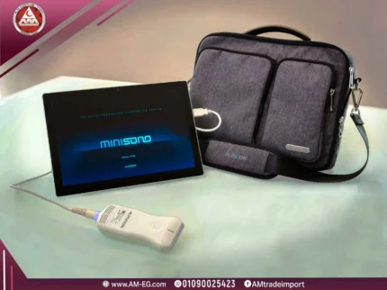 A realistic image of a black Mini Sono ultrasound machine with one white probe and a gray carrying case.