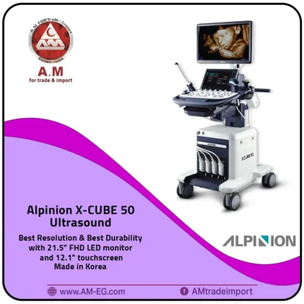 Alpinion ultrasound device is Korean-made, in black and white, with a 21-inch screen and a second 12-inch touchscreen. The device comes with a vaginal probe and a convex probe, mounted on a four-wheel base.