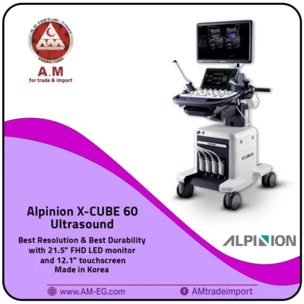 Alpinion ultrasound system in black and white design featuring a 21-inch main display and a 12-inch touchscreen, equipped with convex and vaginal probes, mounted on a mobile cart with four wheels.