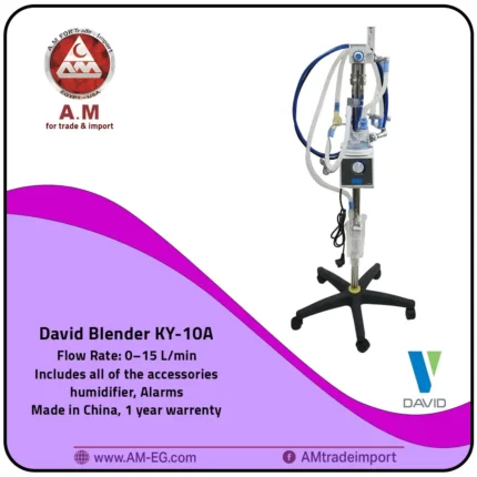 CPAP and blender device for neonatal respiratory support, mounted on a five-wheel base, equipped with a humidifier and silicone tubing.