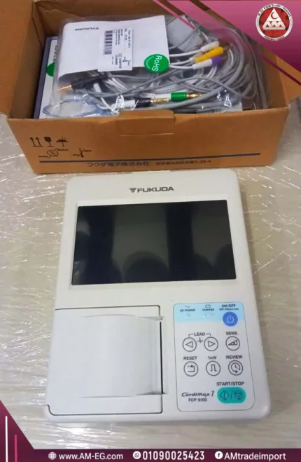 Real image of Fukuda CardiMax 3-channel ECG top view with accessories, portable lightweight white design, 7-inch touch screen