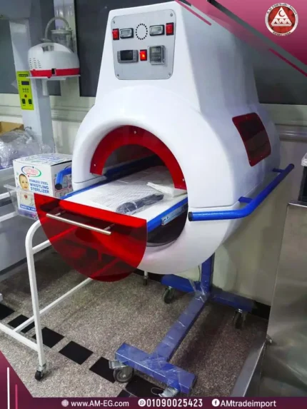 Real image of Neonatal jaundice treatment capsule with 16 LED lights, white body, red cover, blue mobile base, and digital screen