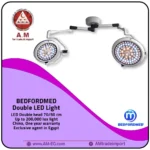 Bedfordmed LED operating lamp in white color with a dual ceiling-mounted design, featuring 70 cm and 50 cm dual-domes to provide superior surgical illumination for precise visualization in operating rooms.