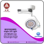 Bedfordmed LED operating lamp in white color with a 70 cm circular ceiling-mounted dome, providing powerful surgical illumination up to 200,000 lux.