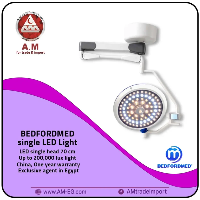 Bedfordmed LED operating lamp in white color with a 70 cm circular ceiling-mounted dome, providing powerful surgical illumination up to 200,000 lux.
