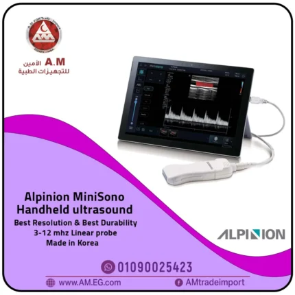 جهاز سونار موجات فوق صوتية Alpinion Minisono كوري محمول باللون الأسود، مزود بشاشة تابلت ملونة عالية الدقة وبروب خطي 3-12 ميجاهرتز، ويعمل مع أجهزة سيرفس.