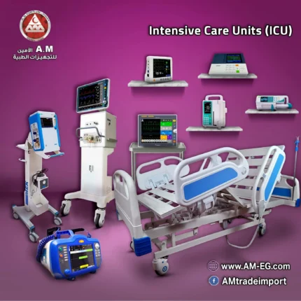 ICU room design with ventilator, defibrillator, patient monitoring screens, syringe and infusion pumps, ECG machine, and electric 3-function bed