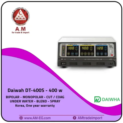 400W Korean-made diathermy (electrosurgical) unit with a user interface featuring three small displays, finished in dark and light gray.