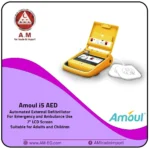 Amoul i5 AED heart defibrillator in yellow, featuring a 7-inch screen with white pads and voice and visual guidance for easy use