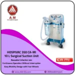 CA-MI surgical suction unit with a 10-liter capacity, white and blue ABS high-quality plastic design, two large suction bottles, equipped with wheels for mobility.