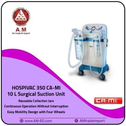 CA-MI surgical suction unit with a 10-liter capacity, white and blue ABS high-quality plastic design, two large suction bottles, equipped with wheels for mobility.