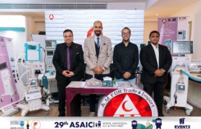 AM Al-Ameen team at the 29th ASAIC 2026 conference booth in Alexandria, surrounded by ventilators and patient monitors